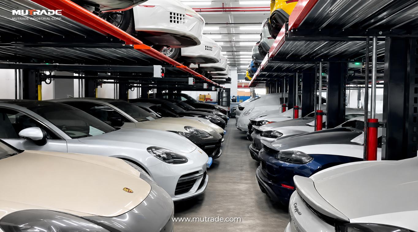 Elevadores de estacionamento de dois postes Hydro-Park 1127 instalados em ambientes fechados para concession&aacute;ria de carros de luxo em Hong Kong